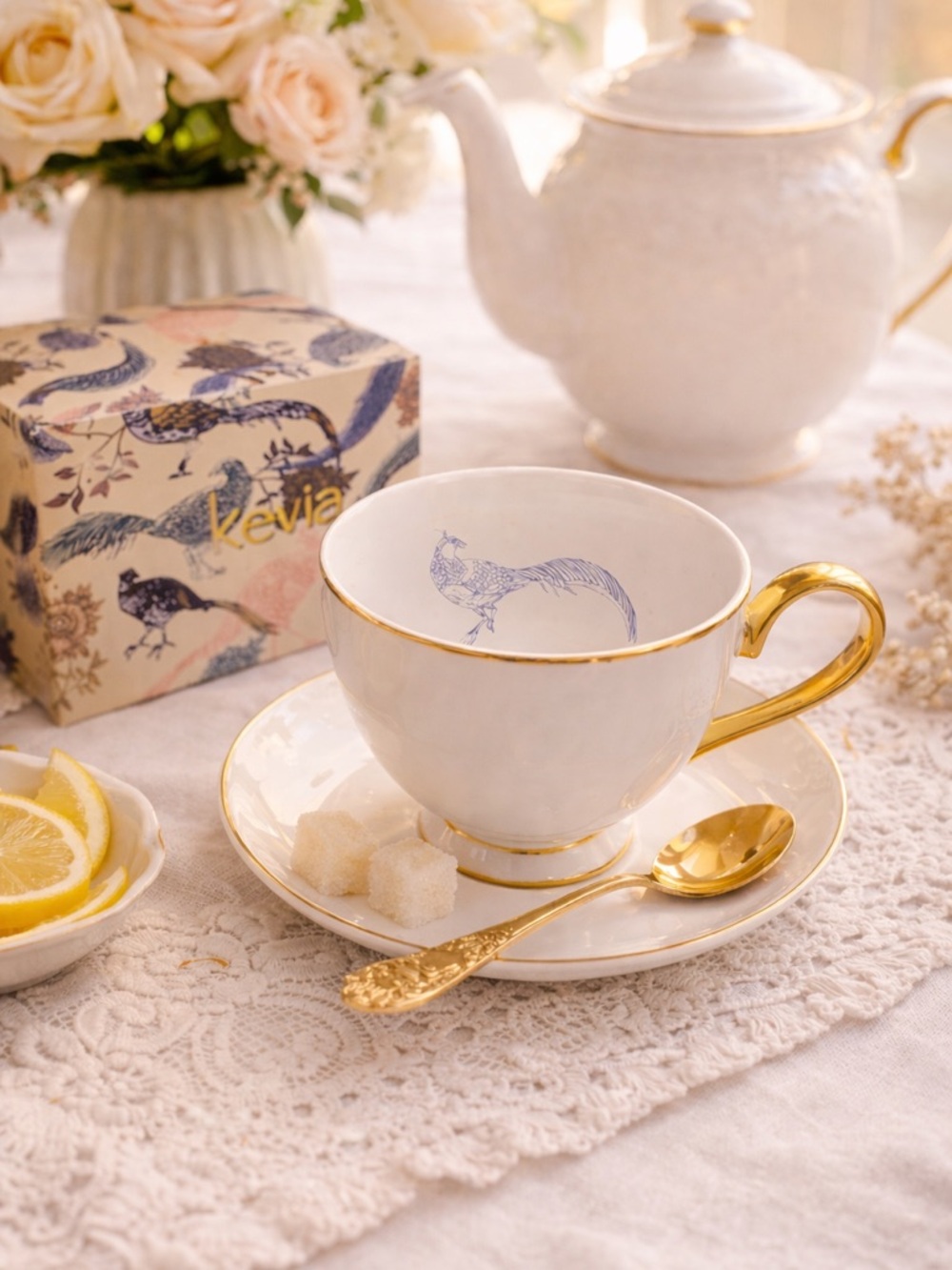 Kevia Nottingham Pheasant Teacup | Gold Handle Fine Porcelain Tea Cup